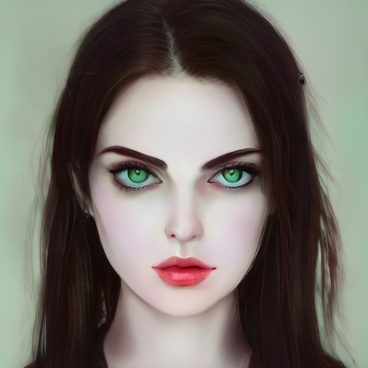 Portrait einer jungen Frau mit großen, grünen Augen, dunklen Haaren und einem kleinen, herzförmigen Mund. Sie über-erfüllt ein gesellschaftliches Schönheitsideal und doch wirkt sie und ihr durchdringender Blick unheimlich.